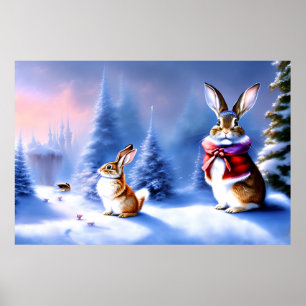 AI Art Fantasy Winterland mit liebevollen Rabbits Poster