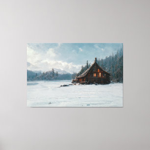 Ai Art Gallery™ - Blockhütte am kalten Wintertag Leinwanddruck
