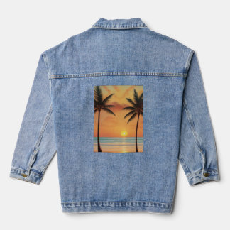 AI Art Morning Sunrise Beach Palmen Jeansjacke