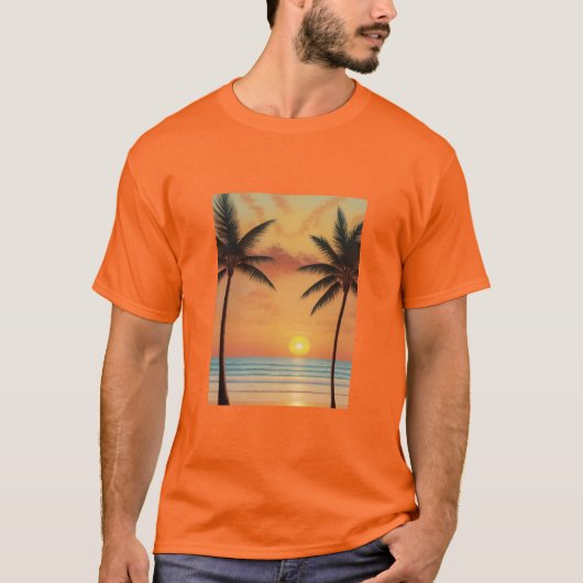 AI Art Morning Sunrise Beach Palmen T-Shirt (Vorderseite)