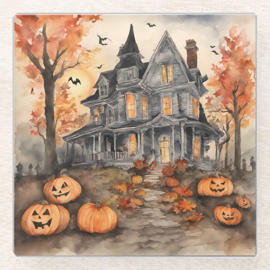 AI erzeugt Spooky Old House Halloween Glasuntersetzer (Vorderseite)