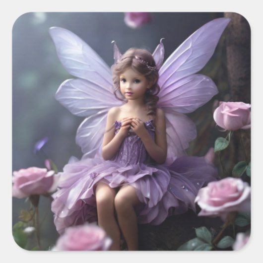 AI Generated Fairy in a Garden of Rose Quadratischer Aufkleber (Vorderseite)