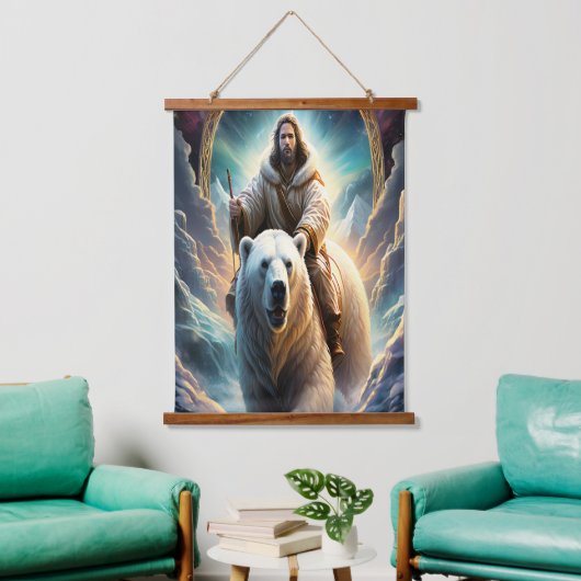 (AI generiert) Jesus auf einem Eisbärenplakat Wandteppich Mit Holzrahmen (Wohnzimmer)
