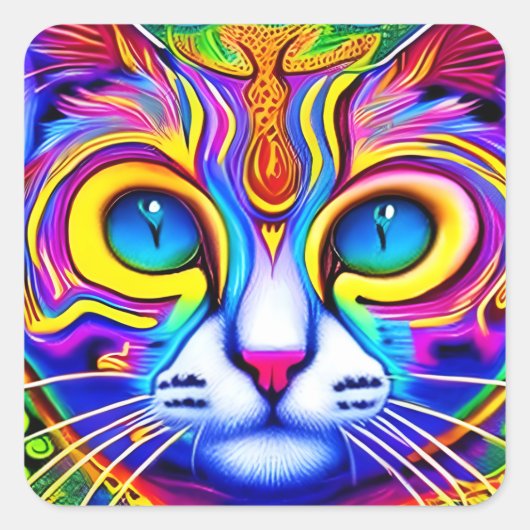 AI generierte Cool Blue Mit Augen Mystical Cat Quadratischer Aufkleber (Vorderseite)