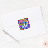 AI generierte Cool Blue Mit Augen Mystical Cat Quadratischer Aufkleber (Umschlag)