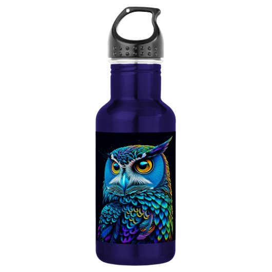 Ai generierte farbenfrohe Owl Edelstahlflasche (Vorderseite)