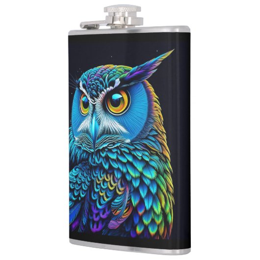 Ai generierte farbenfrohe Owl Flachmann (Links)