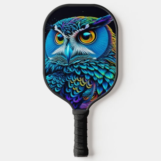 Ai generierte farbenfrohe Owl Pickleball Schläger (Vorderseite)
