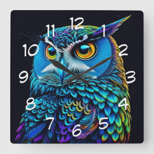 Ai generierte farbenfrohe Owl Quadratische Wanduhr