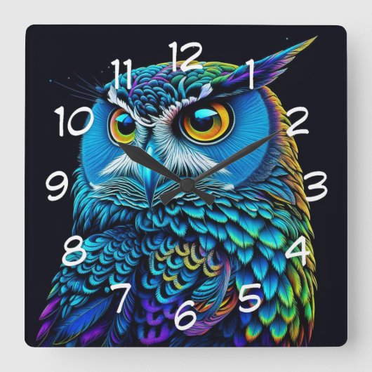 Ai generierte farbenfrohe Owl Quadratische Wanduhr (Vorderseite)