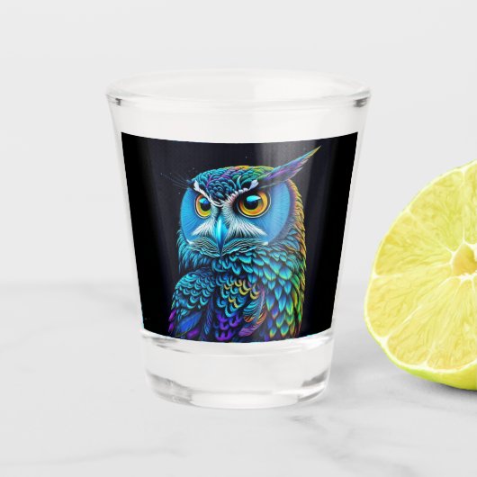 Ai generierte farbenfrohe Owl Schnapsglas (Vorderseite)