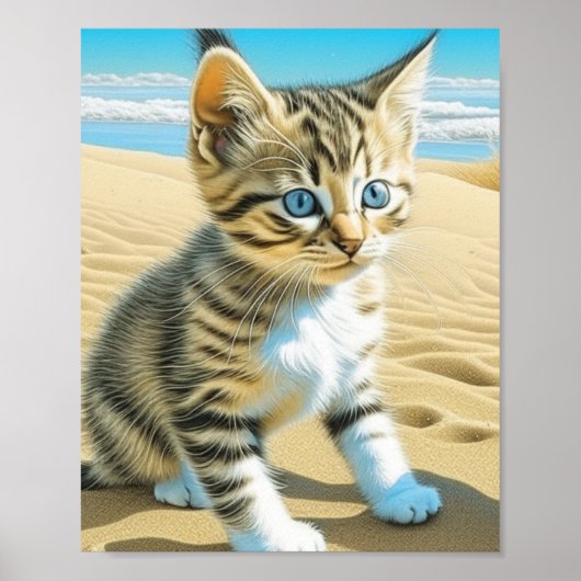 AI Gray Tabby Kitten spielt am Sandstrand Poster (Vorne)