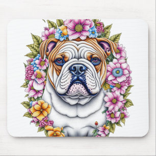 Ai-Kunst-Bulldogge umgeben von fantastischen Blume Mousepad