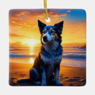 Ai-Kunst: Hund sitzt an einem Weihnachtsstrand Keramikornament