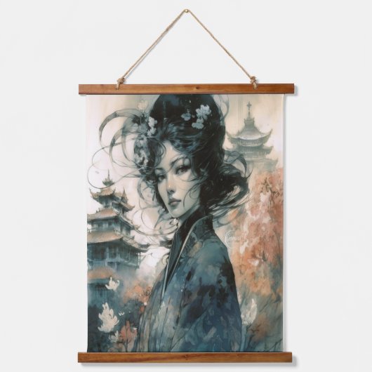 Ài & Min Chinesischer Kunstwerk-Hängeband Wandteppich Mit Holzrahmen (Vorderseite)