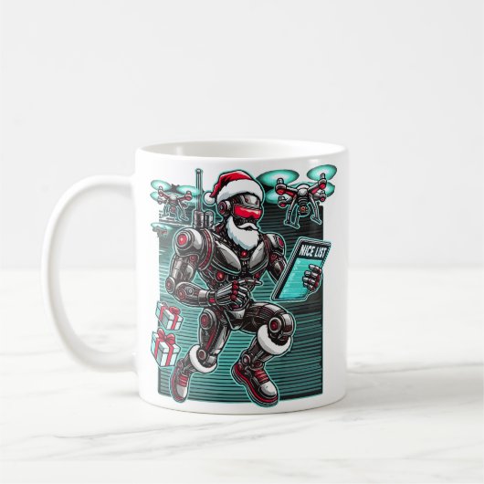 AI Powered Santa Robot mit Dronen und Weihnachten Kaffeetasse (Links)