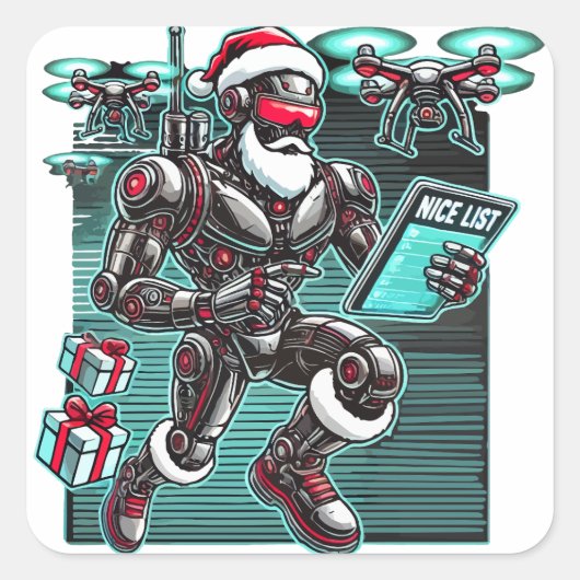 AI Powered Santa Robot mit Dronen und Weihnachten  Quadratischer Aufkleber (Vorderseite)