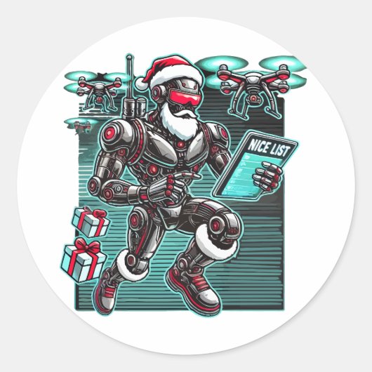 AI Powered Santa Robot mit Dronen und Weihnachten Runder Aufkleber (Vorderseite)
