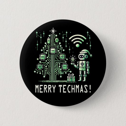 AI Robot mit Tech Christmas Tree - Merry Techmas Button (Vorderseite)