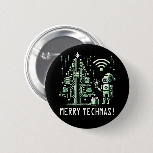 AI Robot mit Tech Christmas Tree - Merry Techmas Button (Vorne & Hinten)