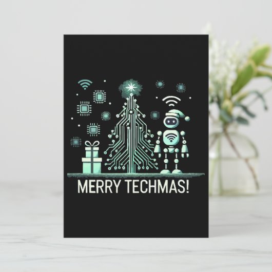 AI Robot mit Tech Christmas Tree - Merry Techmas Einladung (Stehend Vorderseite)