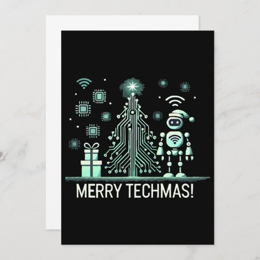 AI Robot mit Tech Christmas Tree - Merry Techmas Einladung (Vorne/Hinten)