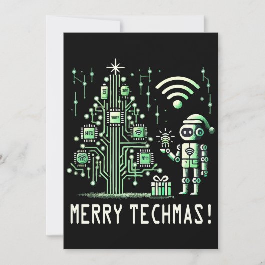 AI Robot mit Tech Christmas Tree - Merry Techmas Einladung (Vorderseite)