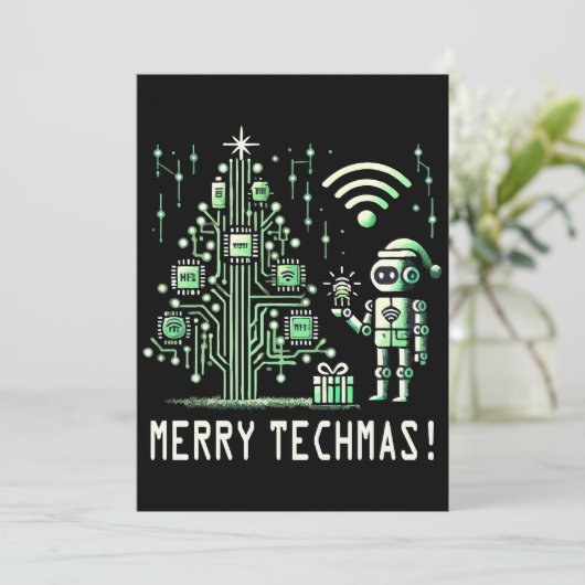 AI Robot mit Tech Christmas Tree - Merry Techmas Einladung (Stehend Vorderseite)
