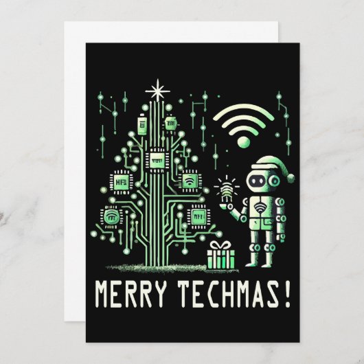 AI Robot mit Tech Christmas Tree - Merry Techmas Einladung (Vorne/Hinten)