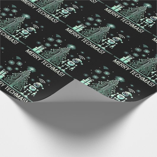 AI Robot mit Tech Christmas Tree - Merry Techmas Geschenkpapier (Ecke)