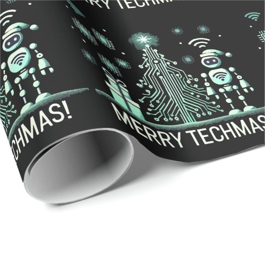 AI Robot mit Tech Christmas Tree - Merry Techmas Geschenkpapier (Rolleneckpunkt)