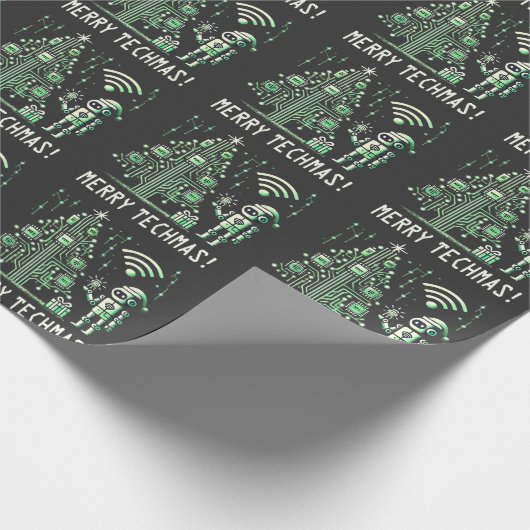 AI Robot mit Tech Christmas Tree - Merry Techmas Geschenkpapier (Ecke)