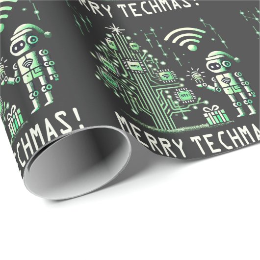 AI Robot mit Tech Christmas Tree - Merry Techmas Geschenkpapier (Rolleneckpunkt)