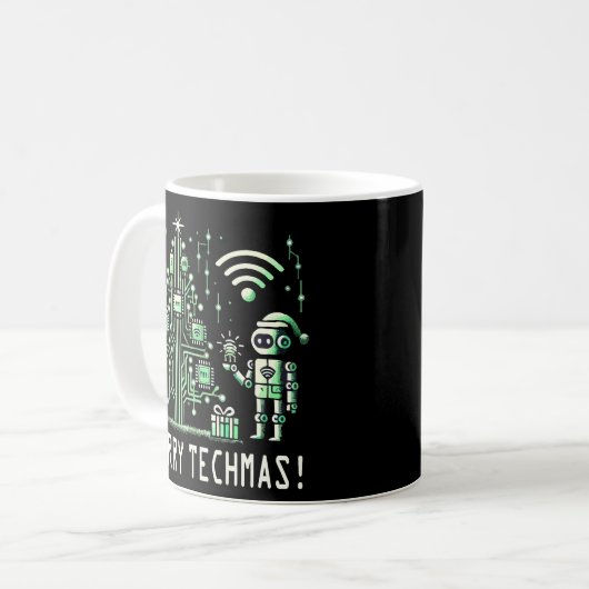 AI Robot mit Tech Christmas Tree - Merry Techmas Kaffeetasse (Vorderseite Links)