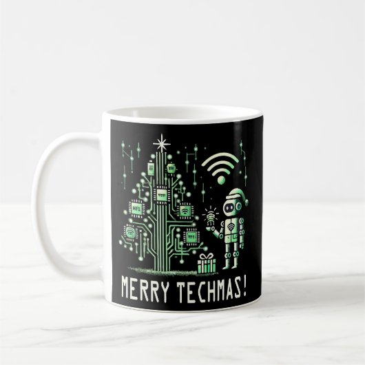 AI Robot mit Tech Christmas Tree - Merry Techmas Kaffeetasse (Links)