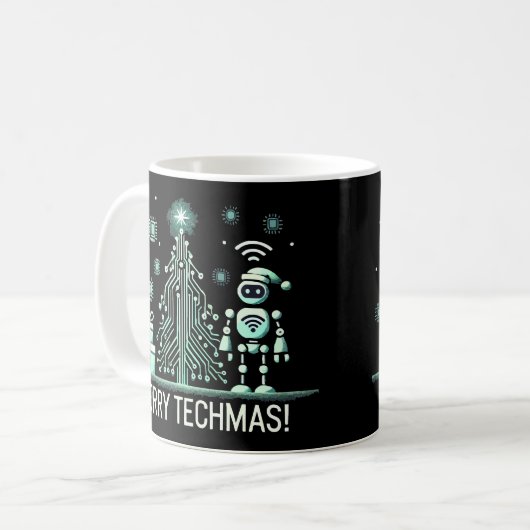AI Robot mit Tech Christmas Tree - Merry Techmas Kaffeetasse (Vorderseite Links)