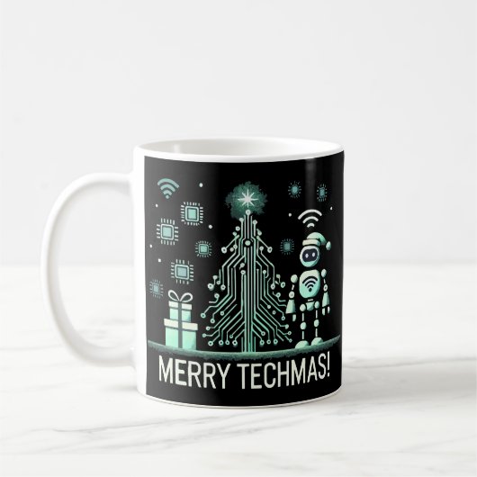 AI Robot mit Tech Christmas Tree - Merry Techmas Kaffeetasse (Links)