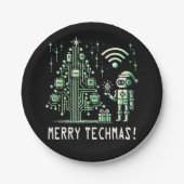 AI Robot mit Tech Christmas Tree - Merry Techmas Pappteller (Vorderseite)