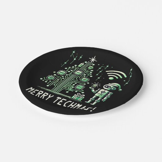 AI Robot mit Tech Christmas Tree - Merry Techmas Pappteller (Schrägansicht)