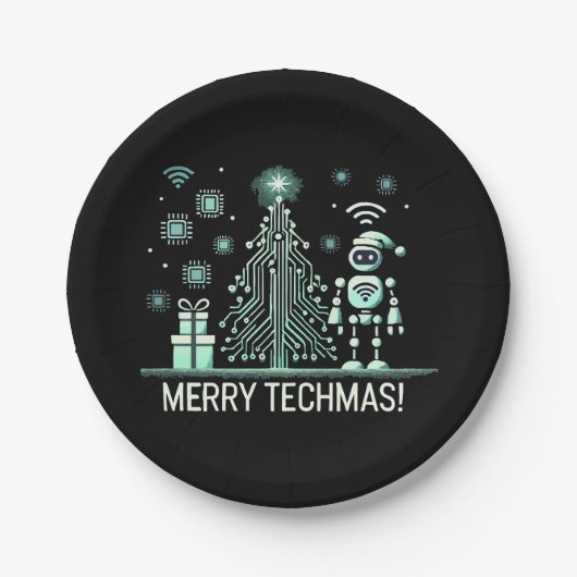 AI Robot mit Tech Christmas Tree - Merry Techmas Pappteller (Vorderseite)