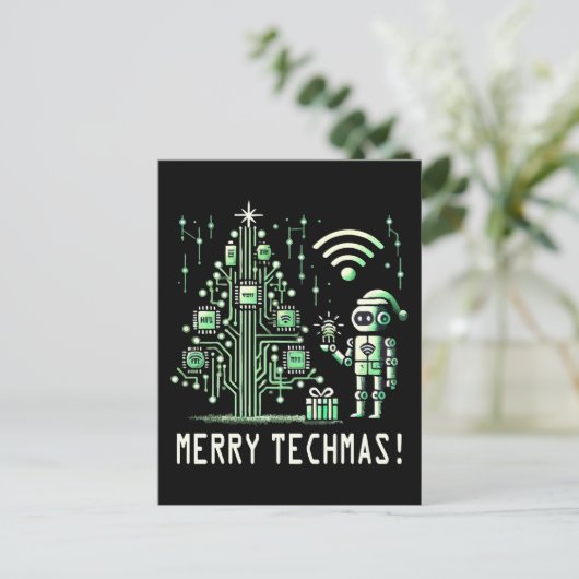 AI Robot mit Tech Christmas Tree - Merry Techmas Postkarte (Stehend Vorderseite)