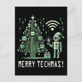 AI Robot mit Tech Christmas Tree - Merry Techmas Postkarte (Vorderseite)
