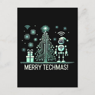 AI Robot mit Tech Christmas Tree - Merry Techmas Postkarte