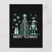 AI Robot mit Tech Christmas Tree - Merry Techmas Postkarte (Vorderseite)