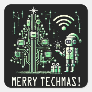 AI Robot mit Tech Christmas Tree - Merry Techmas Quadratischer Aufkleber