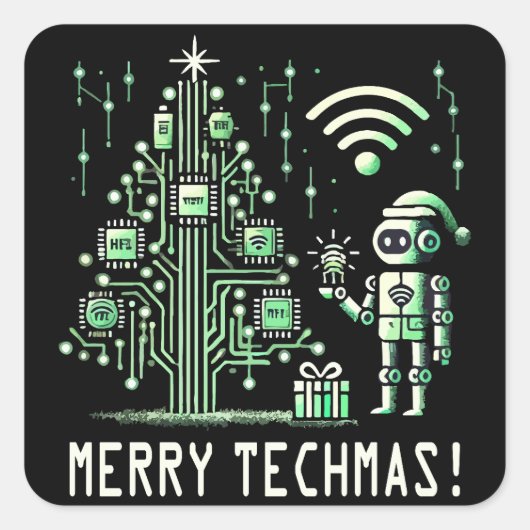AI Robot mit Tech Christmas Tree - Merry Techmas Quadratischer Aufkleber (Vorderseite)
