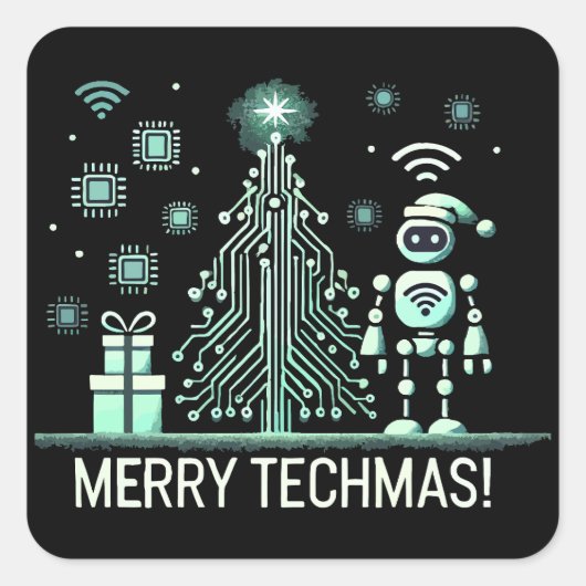 AI Robot mit Tech Christmas Tree - Merry Techmas Quadratischer Aufkleber (Vorderseite)