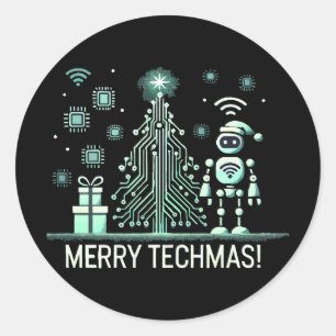 AI Robot mit Tech Christmas Tree - Merry Techmas Runder Aufkleber