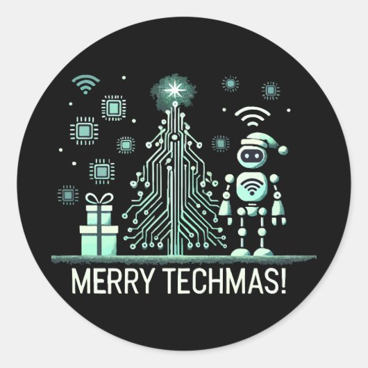 AI Robot mit Tech Christmas Tree - Merry Techmas Runder Aufkleber (Vorderseite)