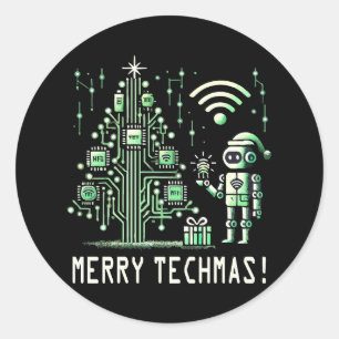 AI Robot mit Tech Christmas Tree - Merry Techmas Runder Aufkleber